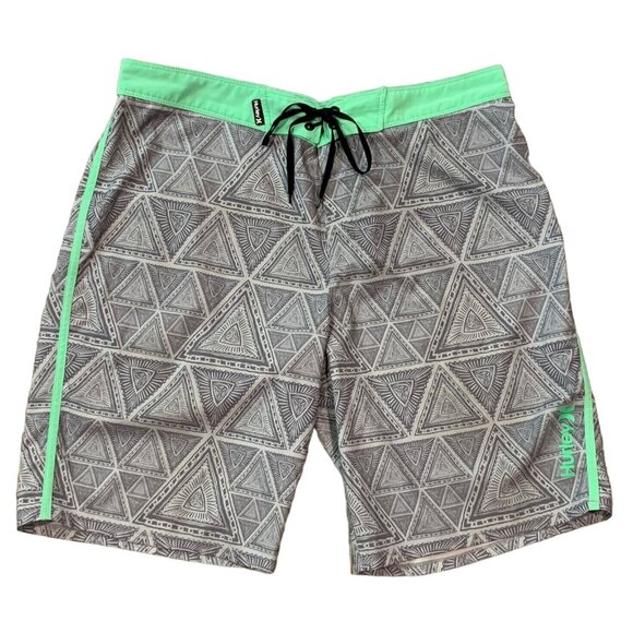 Hurley Mens Phantom Boardshorts Gray Green Geometric Triangle Quick Dry Size 33 - Picture 1 of 14